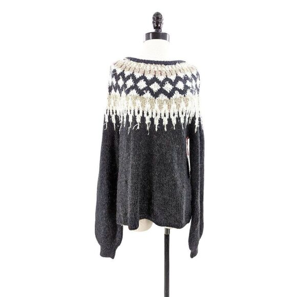 Cynthia Rowley Women Long Sleeve Scoop Neck Open-Knit Sweater Heathered Black Si - Picture 2 of 14